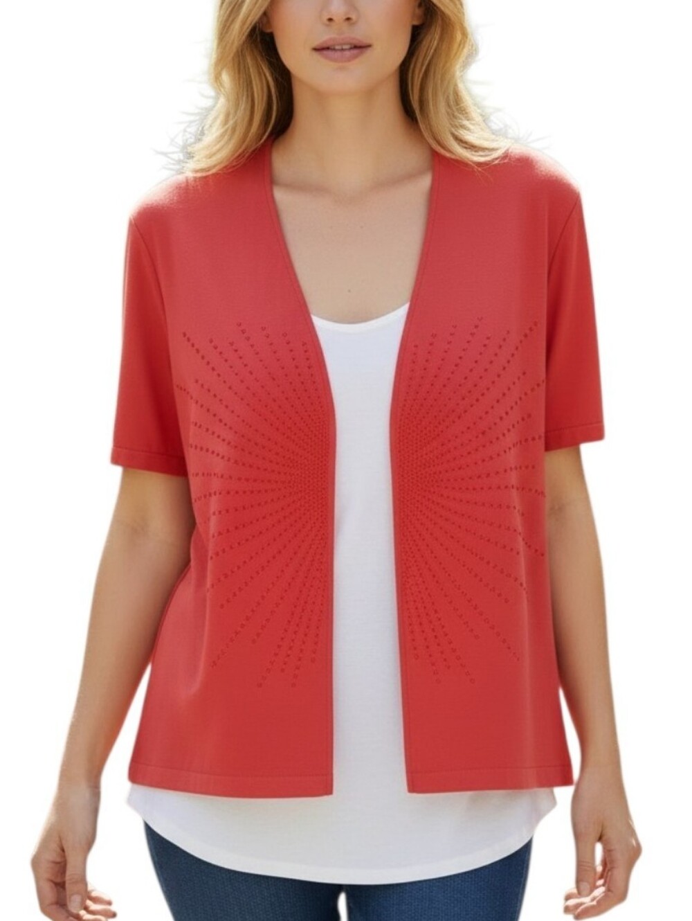 Joseph Ribkoff Coral Short Sleeve Sparkle Front Blouse